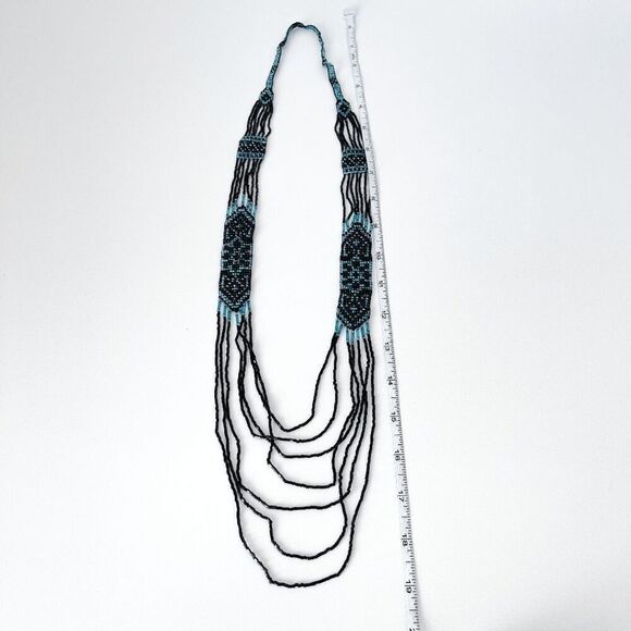 Handmade Womens Ukrainian Multi-Layered Bohemian Beaded Necklace Turquoise Black - Picture 4 of 5